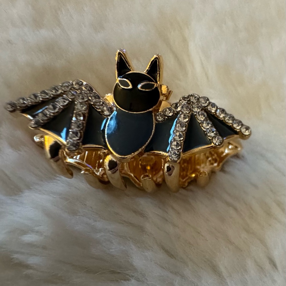 Black and Gold Bat Mini Hair Clip with Rhinestones